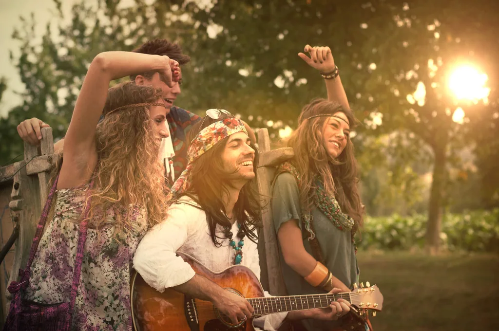 Group of hippies playing guitar at sunset