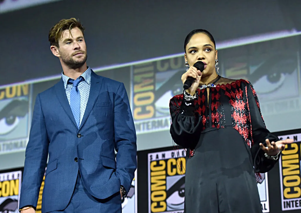Chris Hemsworth and Tessa Thompson at the Marvel Studios Hall H Panel