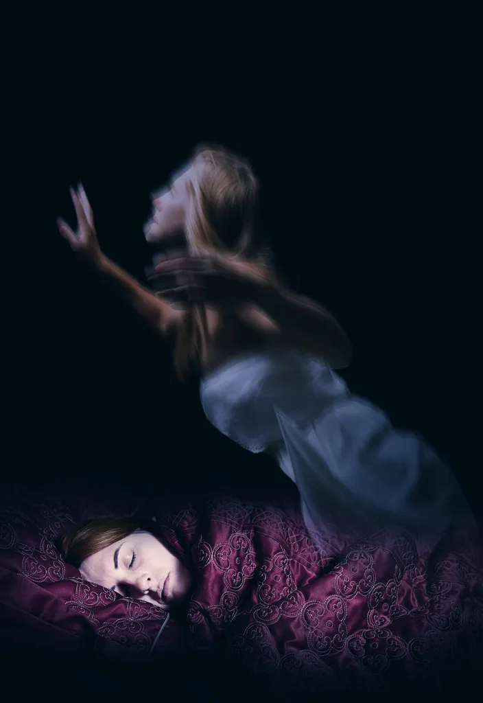 Woman's spirit body leaving her sleeping body