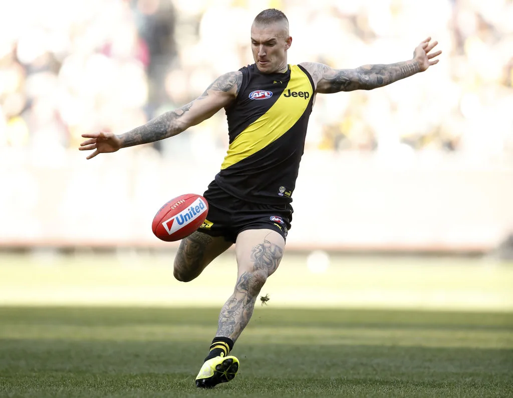 Dustin Martin pictured mid-kick on the football field