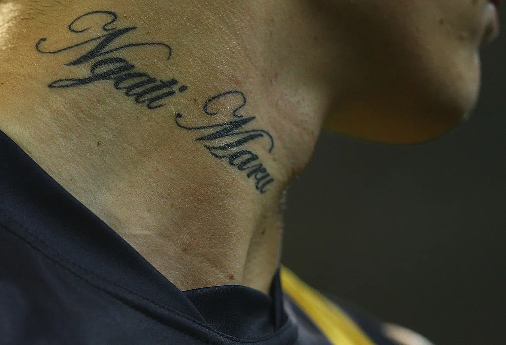 A closeup of Dustin Martin's neck tattoo