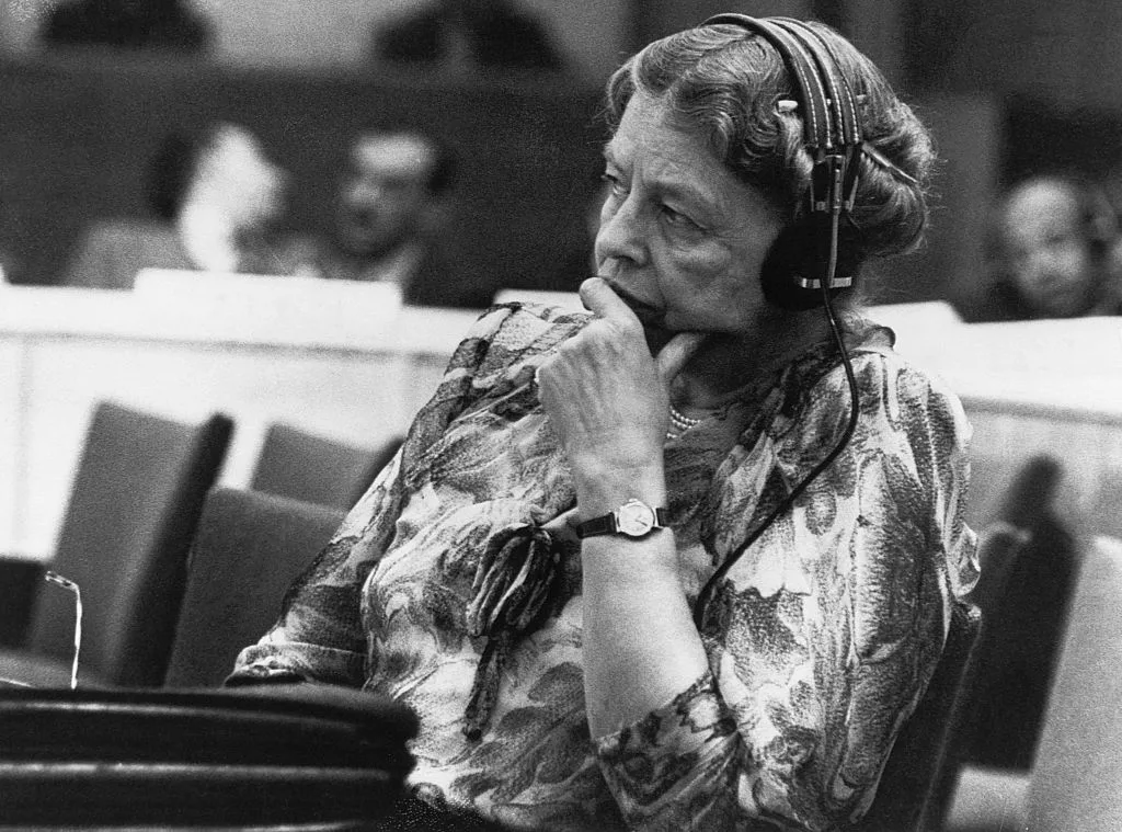 A black and white photo of Eleanor Roosevelt