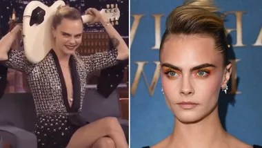 Cara Delevingne plays the guitar perfectly behind her head