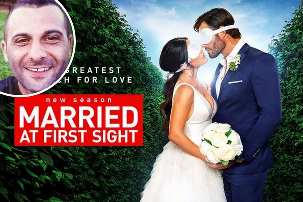 Couple in wedding attire with blindfolds, titled "Married at First Sight." Inset shows a smiling man.