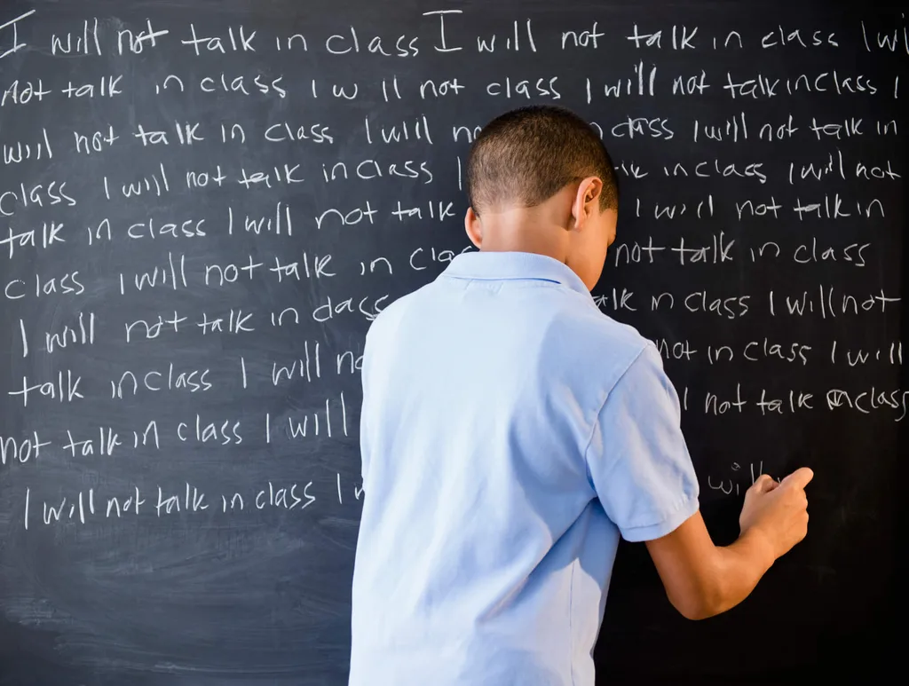A young boy writing linens on a chalkboard