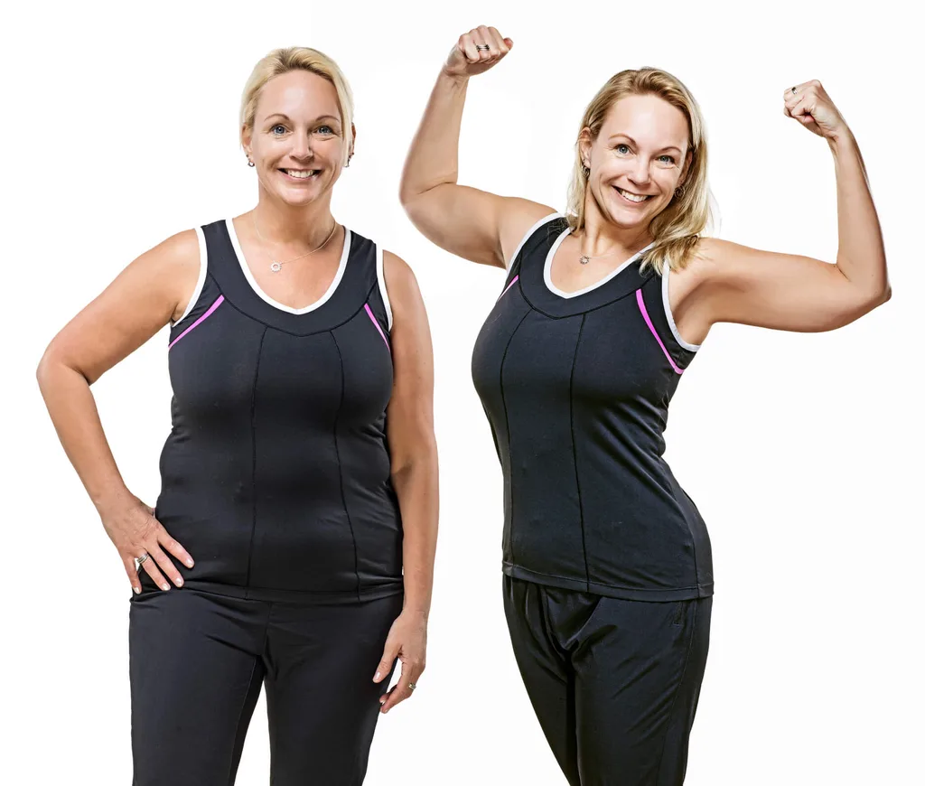 A before after of a middle aged woman who has left weight