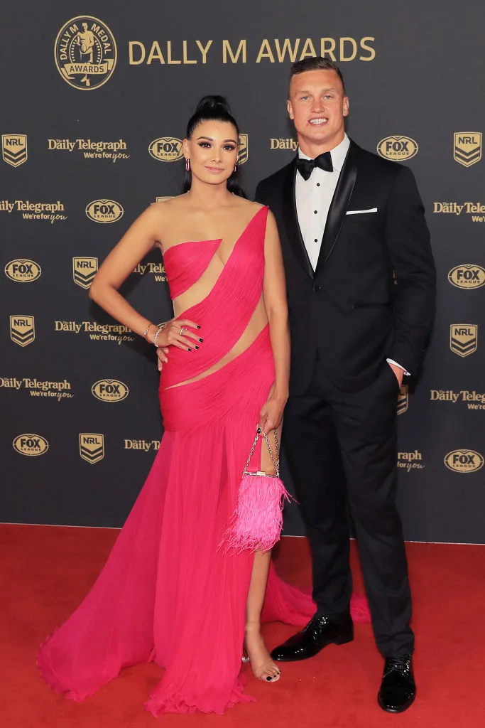 Jack Wighton of Canberra poses with Monisha Lew-Fatt at the 2019 Dally M Awards