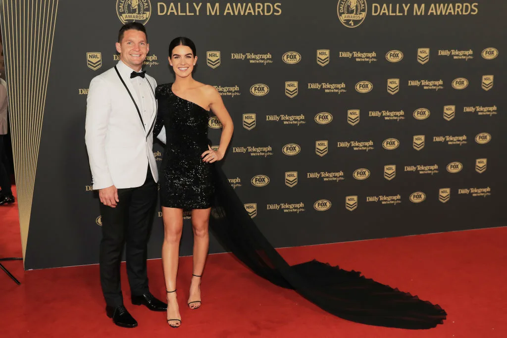 Jarrod Croker of Canberra and wife Brittney at the 2019 Dally M Awards
