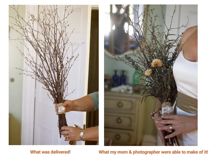 The bouquet before the bride's mother fixed it (left) and after (right)