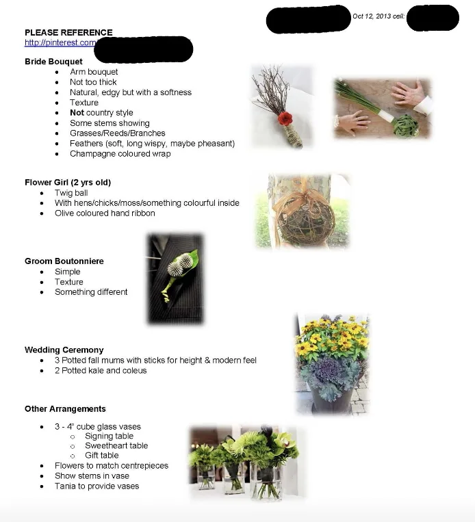 The vision board she gave the florist