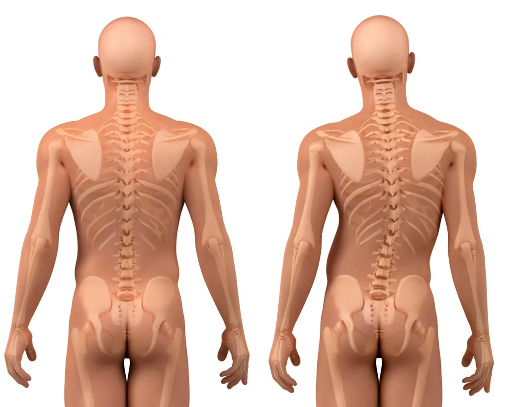 An illustration of a healthy spine and a spine with scholiosis