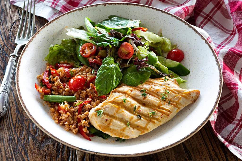 Grilled chicken breast, rice and salad in a white bowl