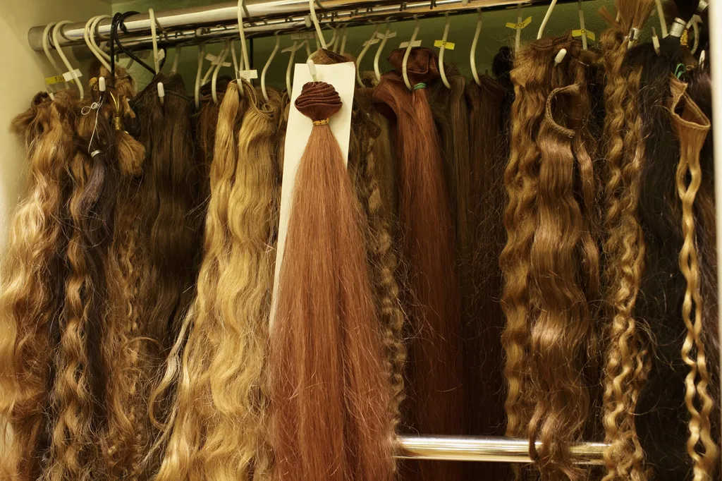 Hair extensions hanging on a clothing rack