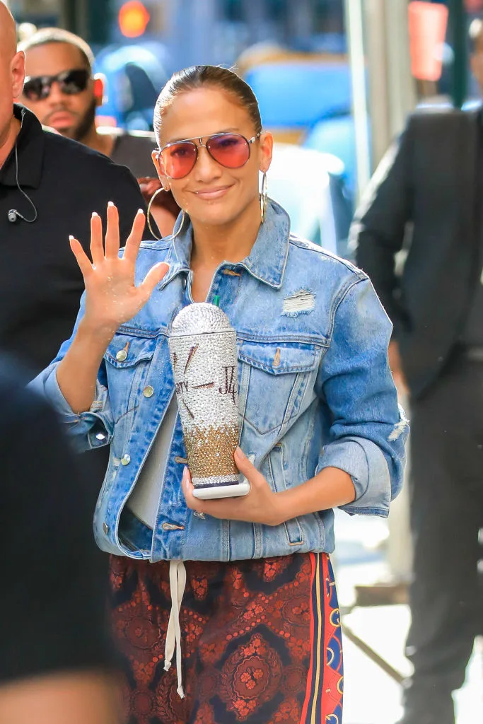 Jennifer Lopez spotted wearing a rolled up denim jacket while heading to Madison Square Garden