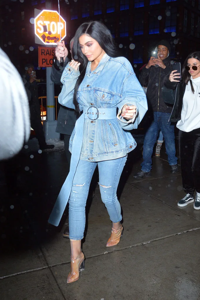 Kylie Jenner wearing an oversized denim jacket