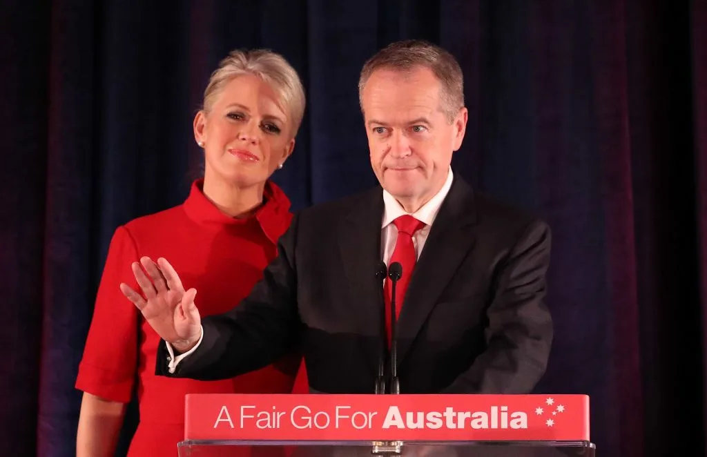Bill Shorten standing with his wife, Chloe Shorten, at a speech