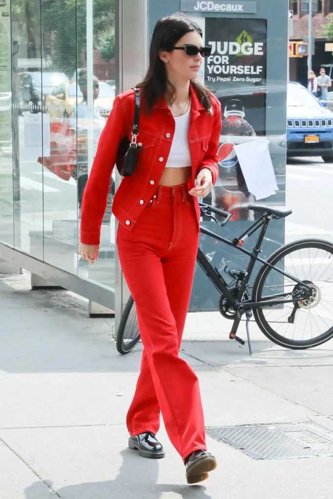 Kendall Jenner wearing a red denim outfit
