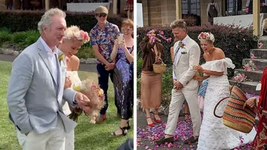 Matilda Brown walks down aisle with dad as she weds Scott Gooding