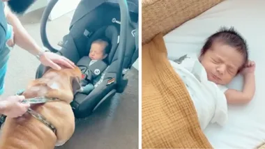 Sarah Marie and Matty Fahd introduce newborn son to pet bulldog