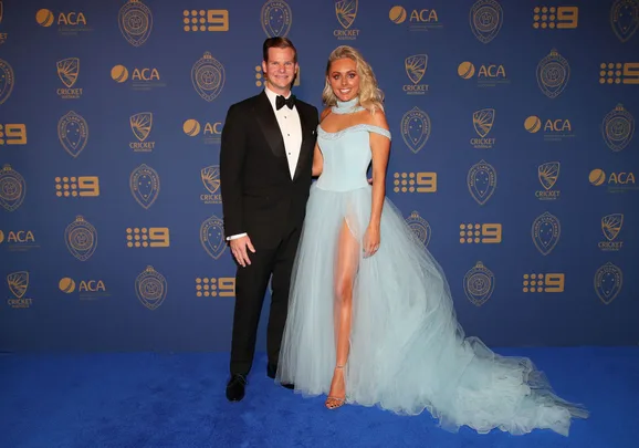 Steve Smith and his wife pictured at the Alan Border Medal