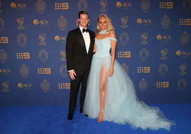 Steve Smith and his wife pictured at the Alan Border Medal