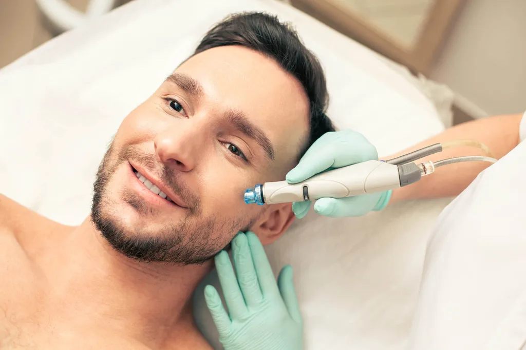 A beautician using a pore vacuum on a man's face