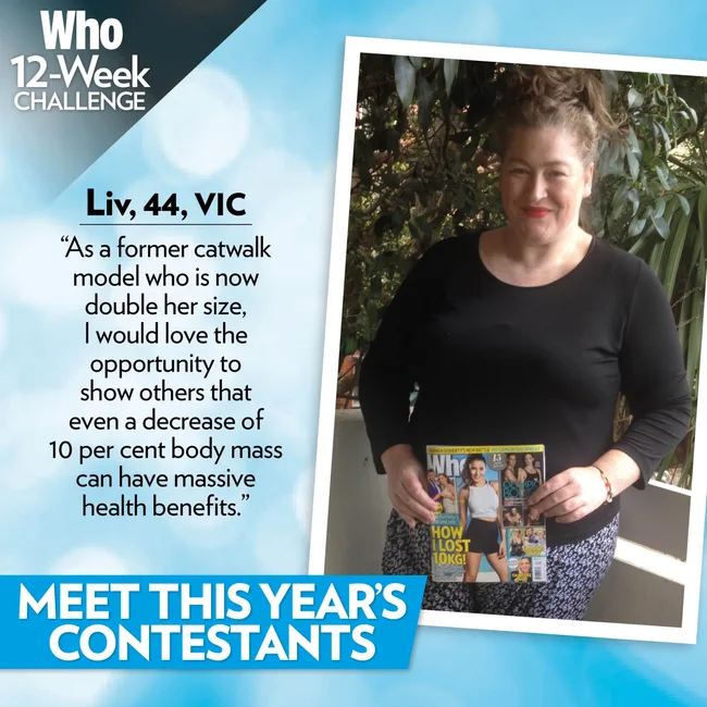 Liv, 44, holding a "Who" magazine, participant in a 12-week health challenge to inspire others with weight loss experience.