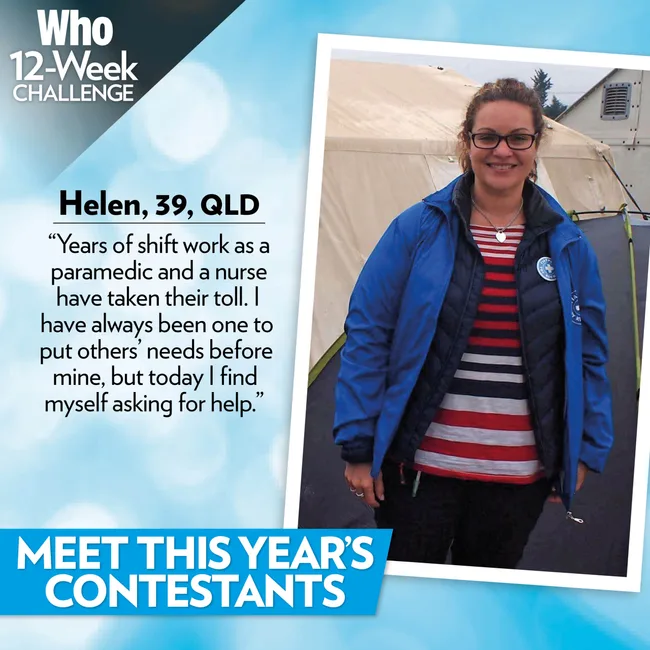 "Woman named Helen, 39, from QLD, in a blue jacket, part of Who 12-Week Challenge contestants."