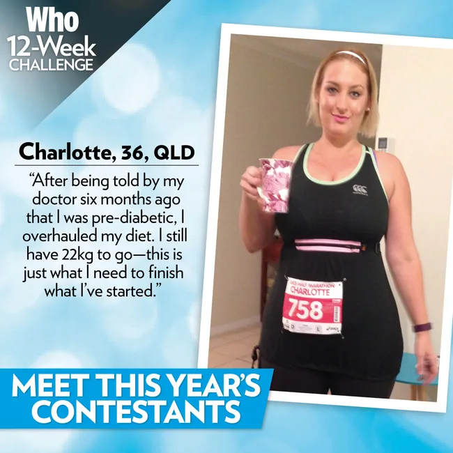 Charlotte, 36, with a marathon bib, holding a cup, part of a 12-week challenge to improve health and overcome pre-diabetes.