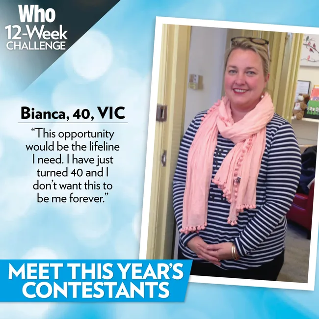 Bianca, 40, from VIC, in a striped shirt and pink scarf, smiling. Text about a 12-week challenge beside her.