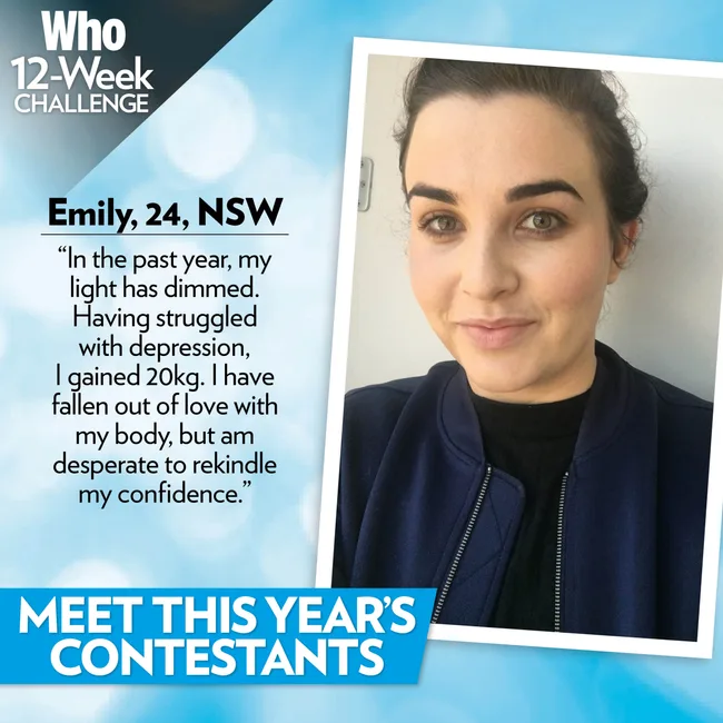 Contestant Emily, 24, from NSW shares her journey with weight gain and depression, hoping to regain confidence.