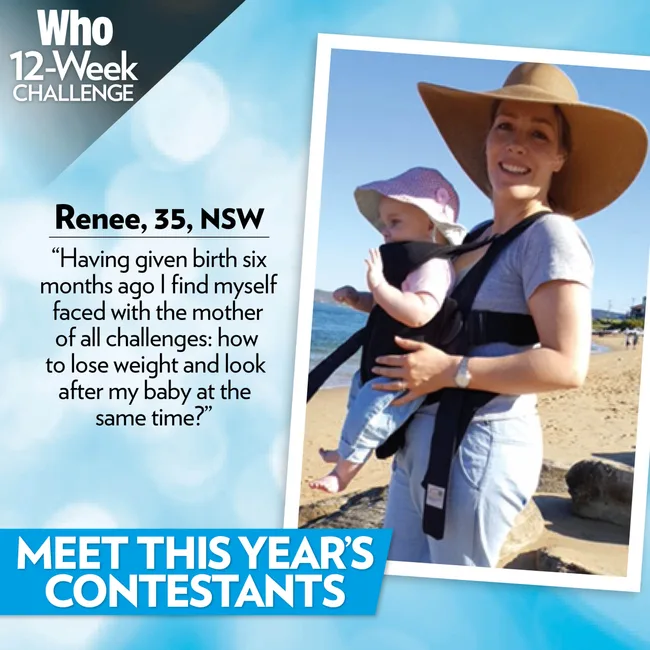 Renee, 35, holds baby on beach; text discusses weight loss challenge as new mom for 12-week contest.