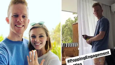 Adam Densten celebrates after proposing to girlfriend