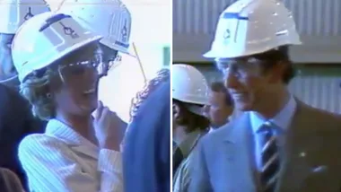 Princess Diana laughs at Prince Charles wearing a hard hat