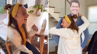 Sam Gash surprised with life size cutout of Mark Wales during hens