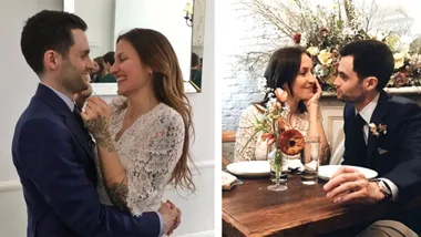 Penn Badgley and wife Domino Kirke singing together at their wedding