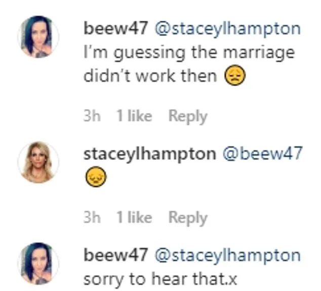 'I'm guessing the marriage didn't work out then?' she was asked by another in the comments section. Stacey replied to them with a sad faced emoji.
