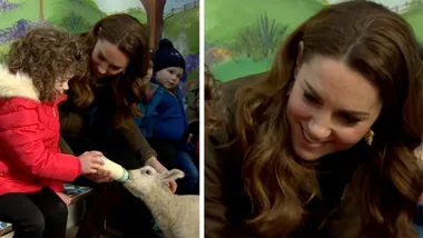 Kate Middleton helps child bottle feed a baby lamb