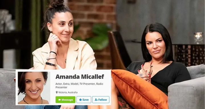Two women sitting on a couch, with an overlay showing Amanda Micallef's profile details.