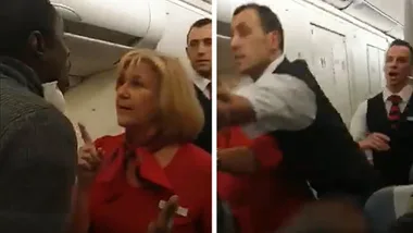 Shocking moment male passenger hits a female flight attendant