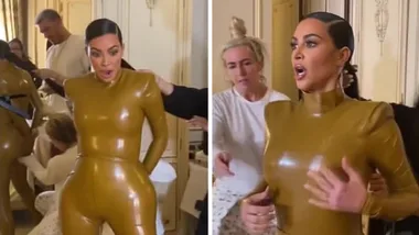 Kim Kardashian struggles to squeeze herself into latex outfit on KUWTK