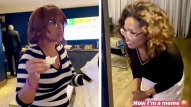 Oprah Winfrey addresses fall on stage to Gayle King with humor