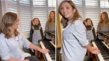 Myleene Klass delights viewers playing the piano backwards