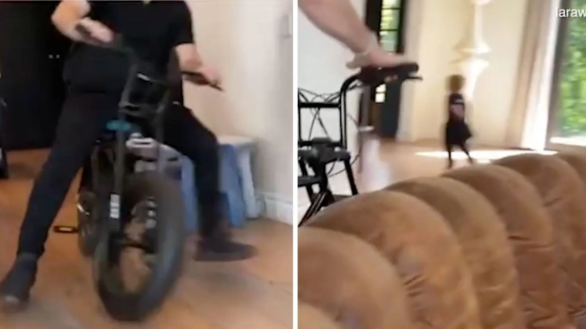 Sam Worthington chases son around the house on bike