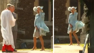 Duchess Camilla’s skirt gets blown by wind