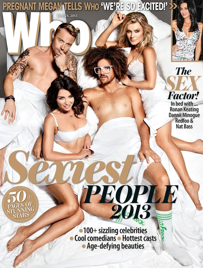 Cover of Who magazine's "Sexiest People 2013" with four celebrities posing in bed.