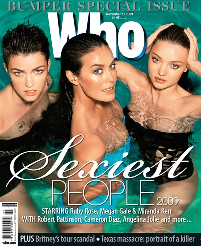 "Who magazine cover featuring three women in the water, labeled 'Sexiest People 2009' with Ruby Rose, Megan Gale, Miranda Kerr."