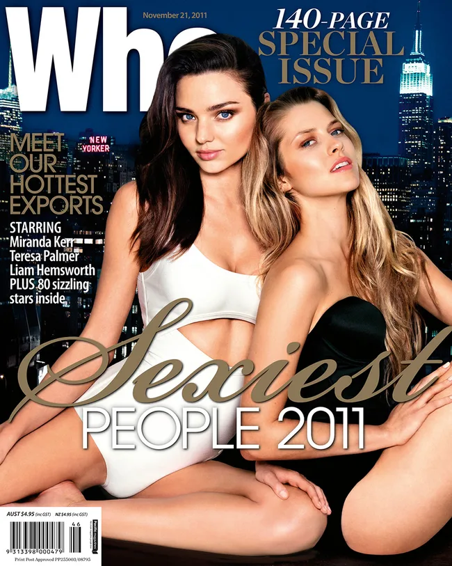 Two models in swimsuits on the cover of a magazine, titled "Sexiest People 2011" with a cityscape background.