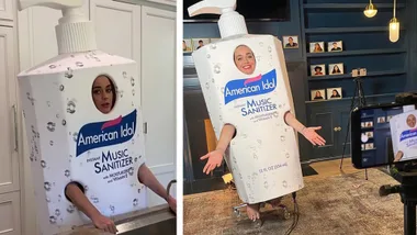 Katy Perry gives pregnancy update while dressed as a hand sanitiser