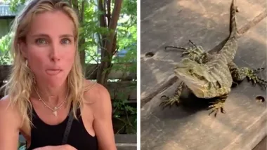 Elsa Pataky and Chris Hemsworth are joined by a lizard at breakfast